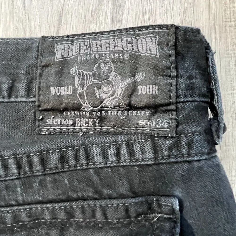 True Religion Mens 40x33 Black Denim Coin Pocket Straight Leg Jeans Rivets